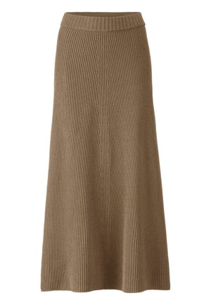 Gonna maxi marrone a maglia con trama a coste, dotata di una vita aderente e una silhouette svasata, che enfatizza un motivo verticale liscio.