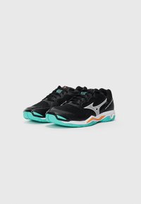 Pair of black athletic shoes with teal soles, white and orange accents, and a silver logo on the sides against a plain background.