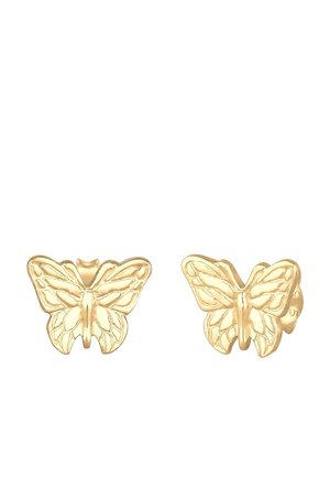 Goldene Ohrstecker in Schmetterlingsform mit detaillierten Flügelmustern und Schmetterlingsverschlüssen vor weißem Hintergrund.