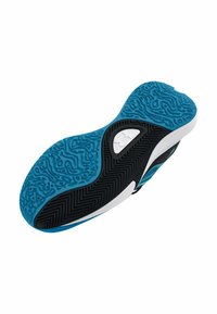 La semelle de chaussure présente une surface en caoutchouc bleu avec des motifs texturés, contrastée par un talon noir et des accents blancs.
