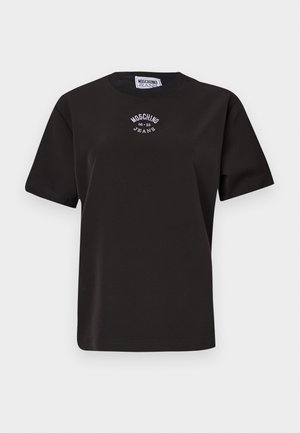 Svart bomull t-skjorte med korte ermer, med rund hals og et hvitt brodert logo "Moschino Jeans" på brystet.