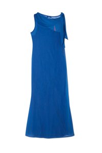 Abito senza maniche blu realizzato in materiale trasparente, caratterizzato da un collo a barchetta e un dettaglio di legatura su una spalla, con un design fluido che arriva al ginocchio.