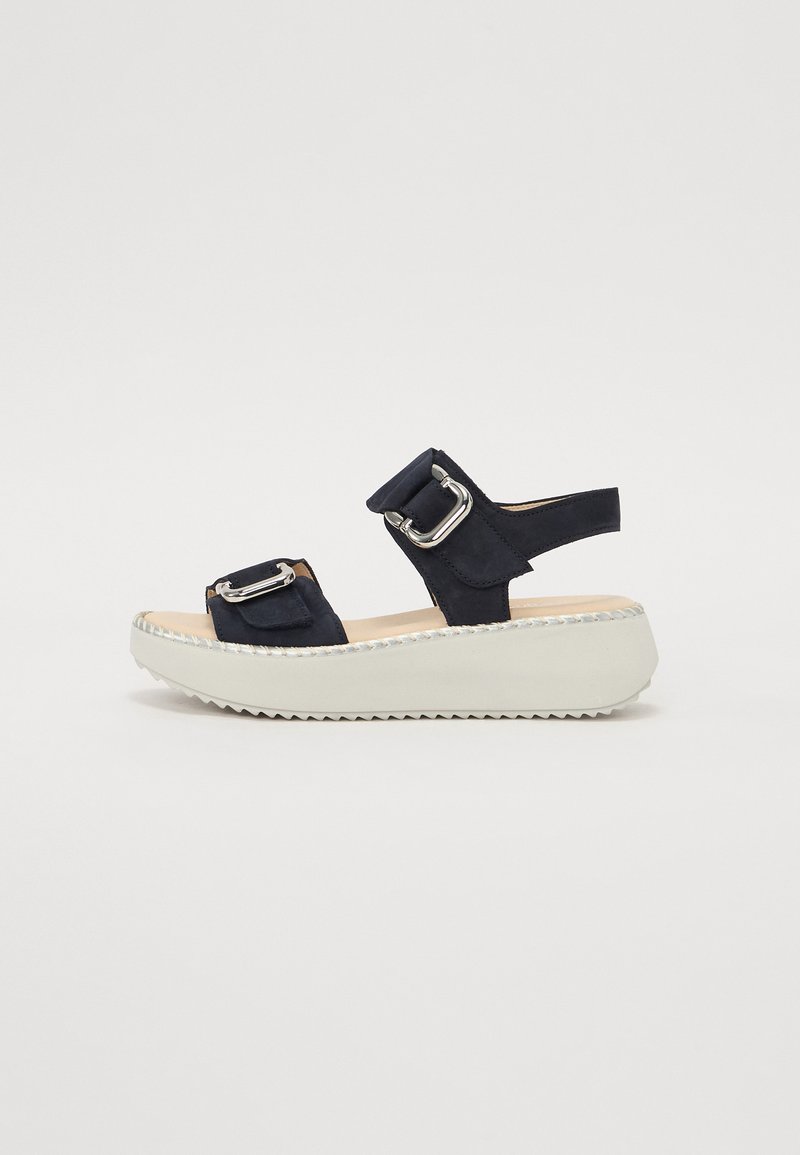 Navy blue suede sandals with adjustable straps, silver buckles, and a white platform sole featuring a textured grip.