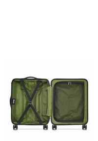 Valise rigide verte avec une doublure intérieure à motif, des sangles croisées, une poche zippée et quatre roues ; elle dispose d'une fermeture à double zip.