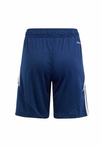 Navy athletic shorts with an elastic waistband, featuring white side accents and a smooth, moisture-wicking fabric. No pockets visible.