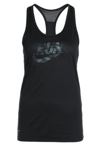 Top in tessuto Dri-FIT nero di Nike con maniche a spalla e una grafica stilizzata "RUN" e logo swoosh sul petto.