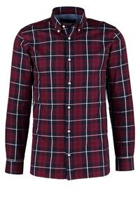 Camicia a maniche lunghe con motivo a quadri rosso, blu navy e bianco e colletto con bottoni.