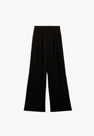 Pantalons larges noirs à taille élastique haute, ornés de plis discrets pour ajouter de la texture et offrant une coupe ample sur toute la jambe.