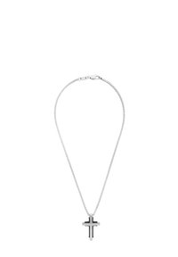 Collar de cadena de plata que presenta un colgante de cruz negra con dos acentos horizontales y un acabado liso y pulido.