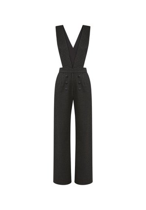 Schwarze weite Hose mit weißem Gittermuster, hoher Taille, doppelt geknöpftem Detail und breiten Trägern, die sich auf dem Rücken kreuzen.