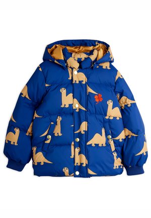 Blue puffer jacket featuring a dinosaur print in tan, with a gold lining, a hood, and snap closures. Embroidered flower detail on the front.