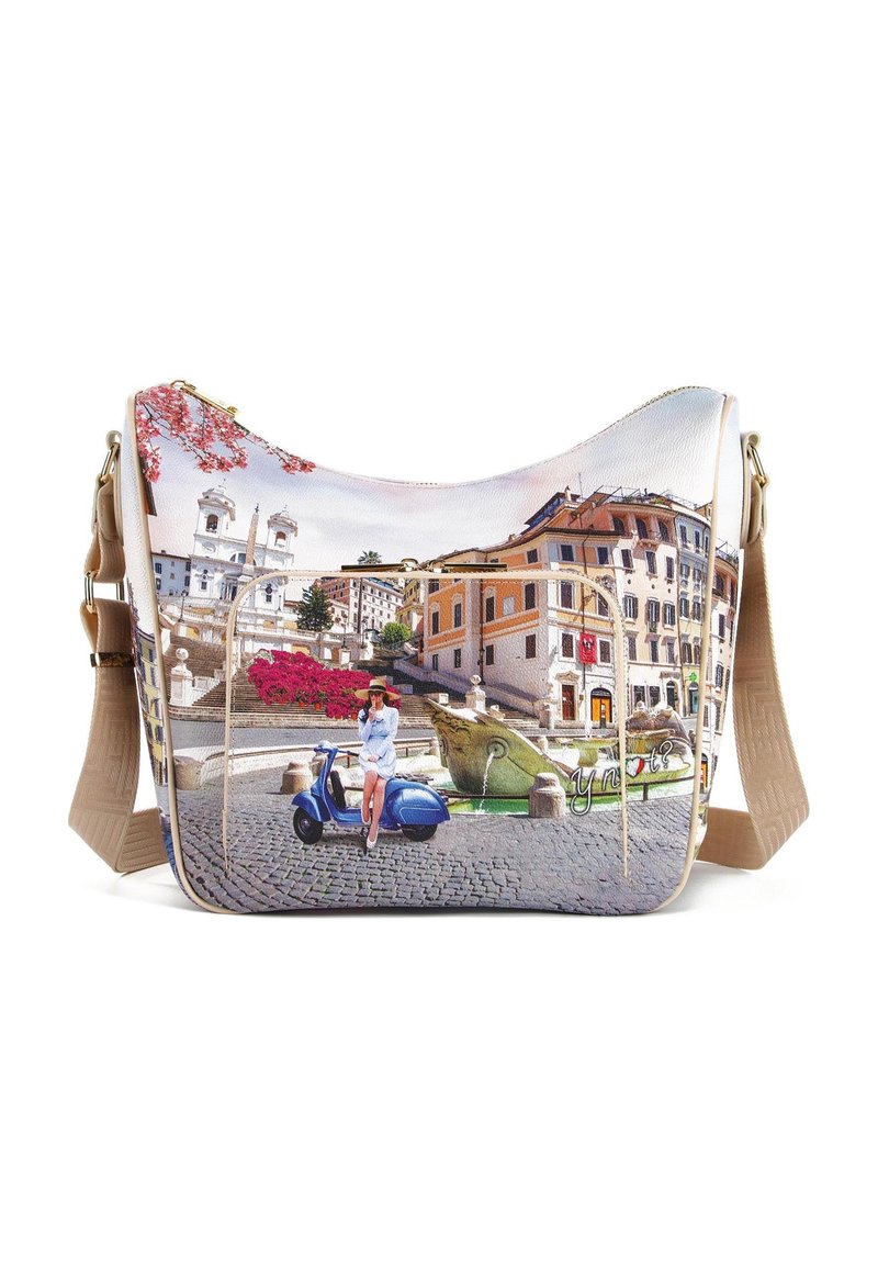 Borsa a tracolla in pelle con una stampa di paesaggio urbano colorata, forma curvata e una fascia regolabile beige con dettagli in metallo dorato.