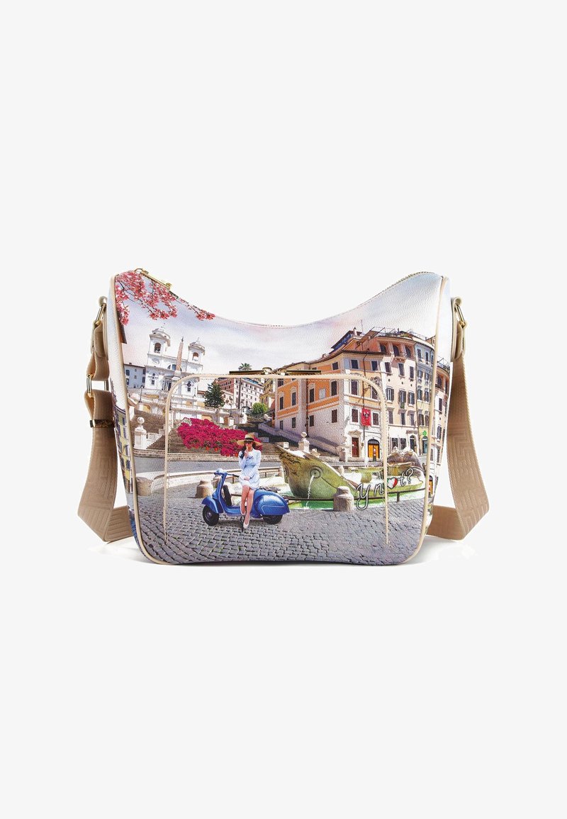 Borsa a tracolla in pelle con una stampa di paesaggio urbano colorata, forma curvata e una fascia regolabile beige con dettagli in metallo dorato.