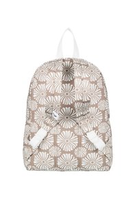 Brown fabric backpack featuring a white floral pattern, two adjustable straps, and a top carry handle. Textured surface with quilted design.