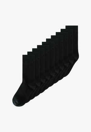 Tien paar effen zwarte kniekousen in overlappende opstelling op een witte achtergrond.