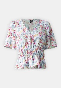 Blusa floreale con uno sfondo azzurro chiaro, maniche corte a sbuffo, scollatura a V, vita arricciata e fantasie di fiori multicolori in tutto il capo.