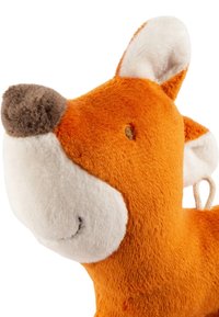 Plush fox toy in orange and cream, features soft texture, brown nose, round ears, and a small loop for hanging.