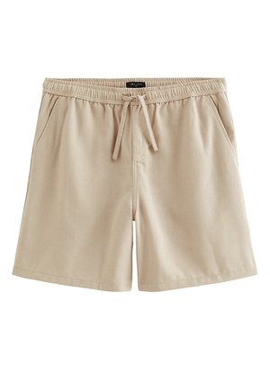 Beżowe casualowe szorty z elastycznym paskiem, sznurkiem do wiązania, bocznymi kieszeniami i prostym, gładkim dołem.