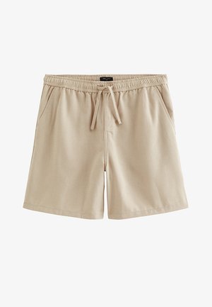 Beżowe casualowe szorty z elastycznym paskiem, sznurkiem do wiązania, bocznymi kieszeniami i prostym, gładkim dołem.