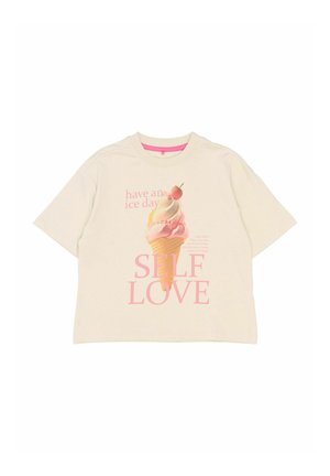 Cremefarvet bomulds-t-shirt med en pink isvaffel grafik og teksten "have an ice day" og "SELF LOVE" i fede pink bogstaver.