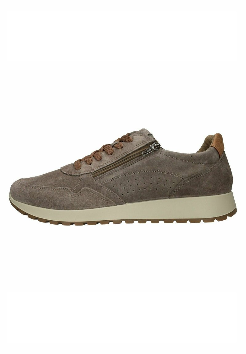 Sneaker in suede grigio con lacci marroni e chiusura a zip, presenta un design perforato sul lato, suola in gomma beige, texture morbida e forma casual.