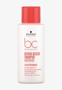 Bottiglia di shampoo Schwarzkopf BC Bonacure Repair Rescue Arginine, 50ml, con tappo rosso, per la riparazione dei capelli danneggiati e un'azione pulente efficace.