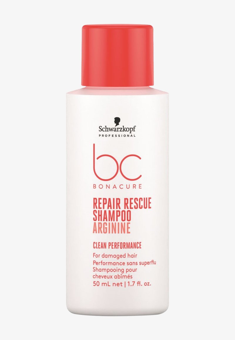Bouteille de shampooing Schwarzkopf BC Bonacure Repair Rescue Arginine, 50 ml, avec un capuchon rouge, pour la réparation des cheveux abîmés et un nettoyage performant.