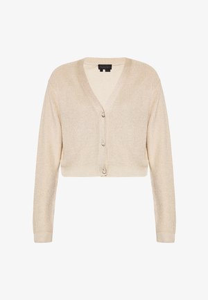 Kurz geschnittener Cardigan aus weichem beigefarbenem Strick mit einem V-Ausschnitt, langen Ärmeln und drei metallischen Knöpfen vorne. Strukturierte Oberfläche.