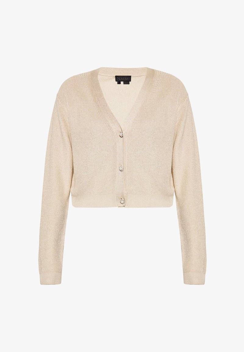 Zkrácený kardigan v měkkém béžovém úpletu s V-výstřihem, dlouhými rukávy a třemi kovovými knoflíky na přední straně. Strukturovaný povrch.