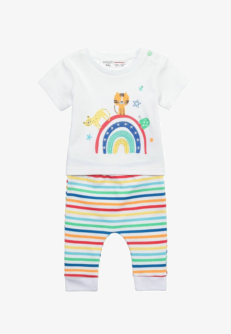 Balts īsām piedurknēm tops ar krāsainiem dzīvnieku grafikiem un varavīksnes rakstu. Svītrainas bikses ar vairākiem krāsu toņiem, elastīgu jostu un paceltiem galiem.