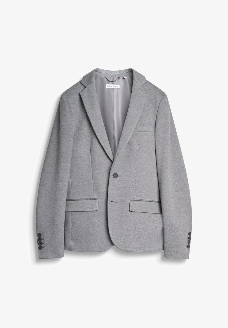 Grauer Blazer aus strukturierter Stoffqualität, mit einreißiger Knopfverschluss, Reverskragen, zwei Fronttaschen und vier Knopfakzenten an jedem Ärmel.