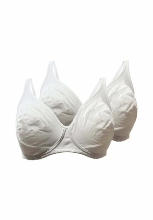 Due reggiseni bianchi in cotone senza ferretto, con spalline regolabili e coppe sagomate, mostrati su uno sfondo semplice.
