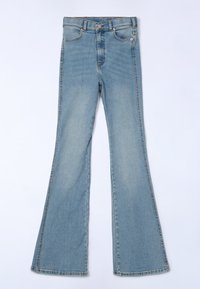 Light blue flared jeans made of denim, featuring a high waist, subtle fading, and classic five-pocket design with metallic hardware.