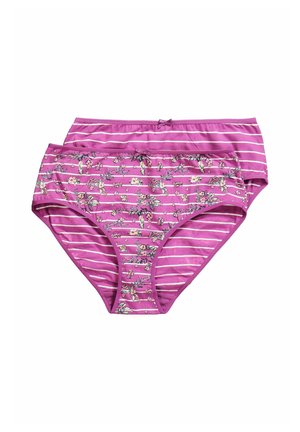 Zwei violette Damen-Slips mit weißen Streifen; einer hat ein Blumenmuster, beide haben kleine Schleifen in der Mitte des Bundes.