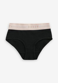Melnas kokvilnas biksītes ar mīkstu, gaiši rozā jostu, kurā ir rakstīts "BAKER by TED BAKER" metāliski spīdīgā fontā. Gluda tekstūra, standarta griezums.