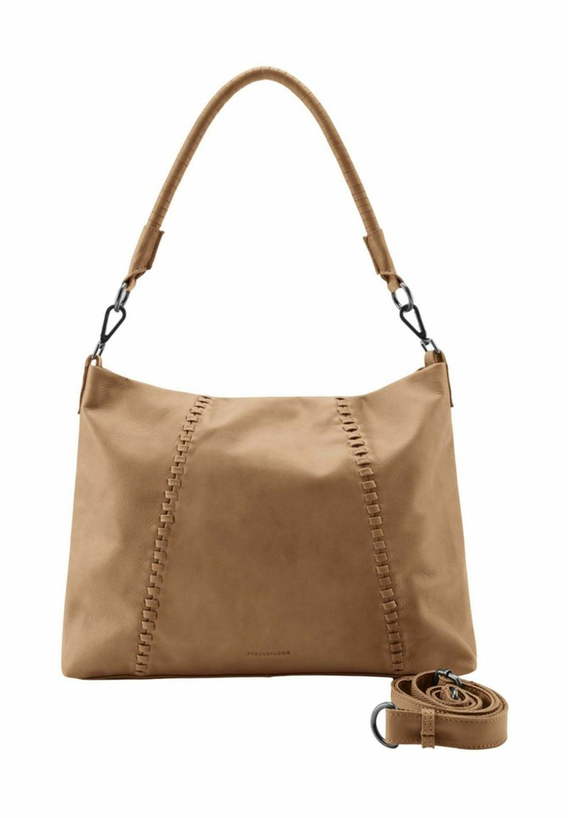 Tan lederen handtas met een gestructureerde afwerking, voorzien van gestikte accenten en een afneembare strap. Inclusief verstelbare schouderriem.