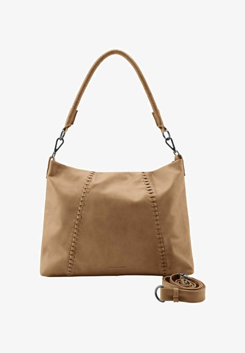 Tan lederen handtas met een gestructureerde afwerking, voorzien van gestikte accenten en een afneembare strap. Inclusief verstelbare schouderriem.