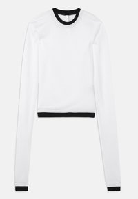 Balts garām piedurknēm crop top ar melnu ribotu apaļu apkakli un melnām detaļām aprocēs. Gluda, elastīga auduma.