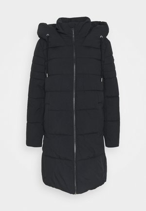 Manteau d'hiver long noir matelassé avec fermeture éclair à l'avant, col montant, capuche avec cordons et manches longues.