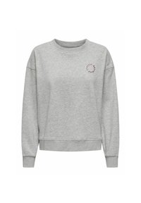 Grijze crewneck sweatshirt van fleecemateriaal, met een relaxed fit, ribgebreide manchetten en een klein rood rond logo met het woord "CLASSIC."