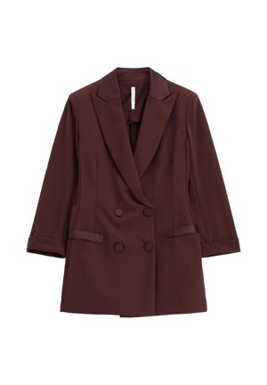Blazer marrone doppiopetto con rever a punta, maniche lunghe e polsini arrotolati. Realizzato in tessuto liscio con due bottoni frontali.