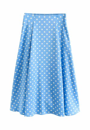 Hellblauer A-Linien-Rock mit weißen Punkten, knielang, aus fließendem Stoff.