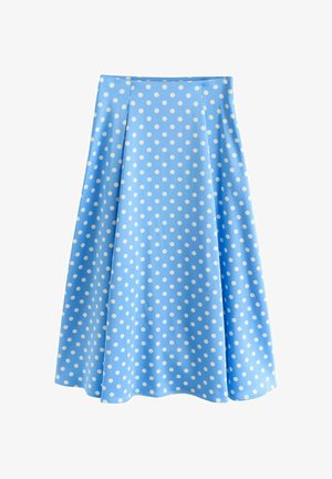 Šviesiai mėlyna A formos sijonas su baltais taškeliais, iki kelių ilgio, pagamintas iš lengvos, krentančios medžiagos.