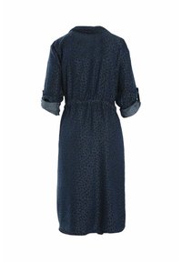Robe bleu marine mi-longue avec imprimé léopard subtil, manches retroussées et taille cintrée, vue de dos.
