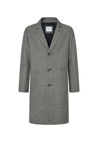 Abrigo de lana en gris con diseño de espiga, solapas con muesca, tres botones, bolsillos laterales y forro negro. Diseño de longitud media, forma ajustada.
