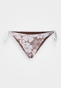 Brown bikini bottom with white floral pattern, adjustable side ties, and textured material. Features a classic triangular shape.