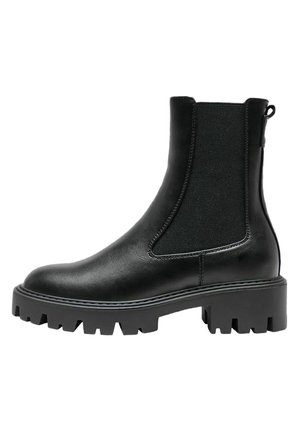 Bottines noires en cuir lisse avec des panneaux élastiques sur les côtés, une semelle en caoutchouc épaisse et une poignée à l'arrière pour un enfilage facile.