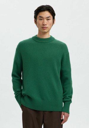 Homme portant un pull en maille côtelée vert et un pantalon marron foncé, se tenant avec une main dans sa poche devant un fond uni.