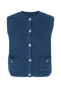 Blau gestrickte Weste mit rundem Halsausschnitt, Knopfleiste und zwei aufgesetzten Taschen. Verfügt über eine gerippte Struktur und metallische Knöpfe.