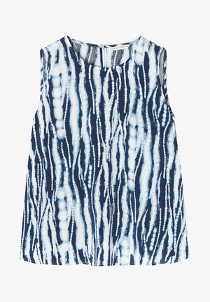 Top fără mâneci în navy și alb, cu un model ondulat pe un material ușor; decolteu rotund și un design cu deschidere în formă de cheie la spate.